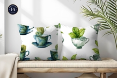 Delicate Watercolor Teacup with Growing Leaves Digital Paper Product Image 2