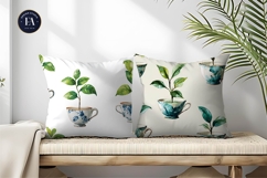 Fantasy Watercolor Teacups with Plants Growing Digital Paper Product Image 2