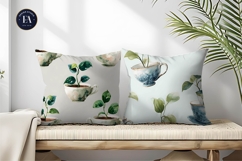Delicate Watercolor Teacup with Growing Leaves Digital Paper Product Image 2