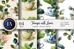 Teacups with Plant Leaves Watercolor Digital Paper Product Image 1