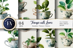 Teacups with Plant Leaves Watercolor Digital Paper Product Image 1