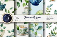 Teacups with Plant Leaves Watercolor Digital Paper Product Image 1