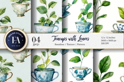 Delicate Watercolor Teacup with Growing Leaves Digital Paper Product Image 1