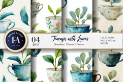 Teacups with Plant Leaves Seamless Watercolor Digital Paper Product Image 1