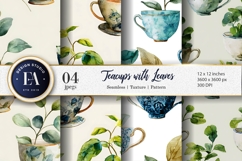 Delicate Watercolor Teacup with Growing Leaves Digital Paper Product Image 1