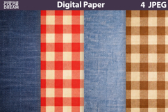 Denim Digital Paper | Gingham Red Brown Fabric Background Product Image 1