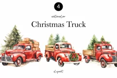 Watercolor Christmas Clipart - Watercolor Red Truck Product Image 1