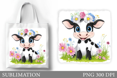 Cute Cow Tote Bag Sublimation. Cow Flowers Sublimation Product Image 1