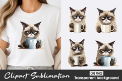 Cute Cat Coffee Watercolor Clipart PNG Product Image 1