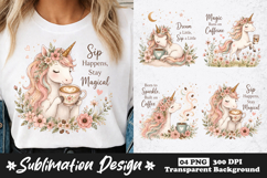 Cute Unicorn Coffee Clipart Sublimation PNG Product Image 1
