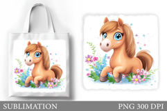 Cute Horse Tote Bag Design. Horse Flowers Sublimation Product Image 1