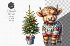 Highland cow clipart, Christmas clipart, Watercolor clipart Product Image 1