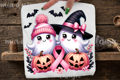 Pink Ribbon Halloween Ghosts PNG, Breast Cancer Sublimation Product Image 1