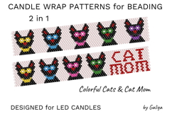 Beaded candle wrap pattern with black cats and Cat Mom text in peyote stitch