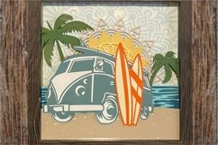 12 + 4 Layered square Mandala with Beach sunrise, Palm trees, Vintage surf van and surfboards.  Surfing sunrise svg. 