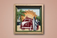 12 + 4 Layered square Mandala with Beach sunrise, Palm trees, Vintage surf van and surfboards.  Surfing sunrise svg. 