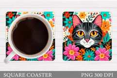 Cute Cat Coaster Design. Cat Flowers Coaster Product Image 1