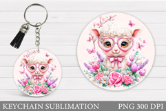 Cute Lamb Keychain Design. Lamb Flowers Keychain Sublimation Product Image 1