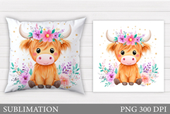 Highland Cow Pillow Design. Cow Flowers Pillow Sublimation Product Image 1