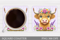 Highland Coaster Sublimation. Cow Flowers Coaster Design Product Image 1