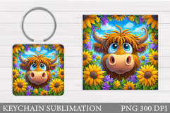 Cow Keychain Design. Cow Flowers Keychain Sublimation Product Image 1