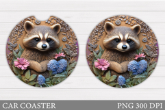 Cute Raccoon Car Coaster. Raccoon Flowers Car Coaster Product Image 1