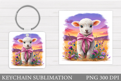 Cute Lamb Keychain Design. Lamb Flowers Keychain Sublimation Product Image 1