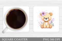 Bear Coaster Sublimation. Bear Flowers Coaster Design Product Image 1