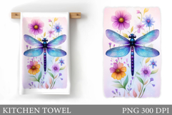 Dragonfly Kitchen Towel. Flowers Kitchen Towel Sublimation Product Image 1