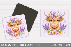 Highland Cow Magnet Design. Cow Flowers Magnet Sublimation Product Image 1