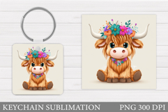 Cow Keychain Design. Cow Flowers Keychain Sublimation Product Image 1