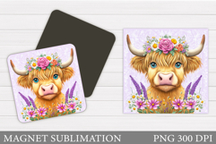 Highland Cow Magnet Design. Cow Flowers Magnet Sublimation Product Image 1