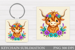 Cow Keychain Design. Cow Flowers Keychain Sublimation Product Image 1