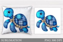 Denim Patchwork Turtle Pillow. Patchwork Turtle Sublimation Product Image 1