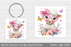 Cute Lamb Keychain Design. Lamb Flowers Keychain Sublimation Product Image 1