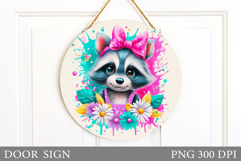 Cute Raccoon Door Sign. Raccoon Flowers Door Sign Design Product Image 1