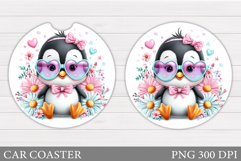 Cute Penguin Car Coaster. Penguin Flowers Coaster Design Product Image 1