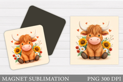 Highland Cow Magnet Sublimation. Cow Flowers Magnet Design Product Image 1