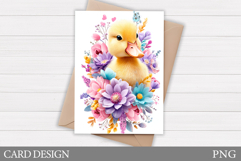 Cute Duck Card Design. Bunny Flowers Card Printable Product Image 1