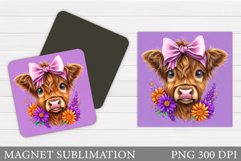 Highland Cow Magnet Design. Cow Flowers Magnet Sublimation Product Image 1