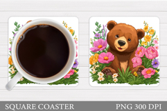 Bear Coaster Sublimation. Bear Flowers Coaster Design Product Image 1