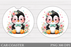 Cute Penguin Car Coaster. Penguin Flowers Coaster Design Product Image 1