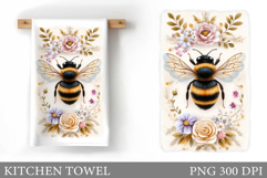 Bee Kitchen Towel Design. Flowers Kitchen Towel Sublimation Product Image 1