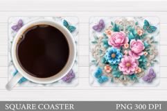 Butterflies Coaster Sublimation. Flowers Coaster Design Product Image 1