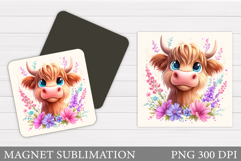 Highland Cow Magnet Design. Cow Flowers Magnet Sublimation Product Image 1