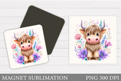 Highland Cow Magnet Design. Cow Flowers Magnet Sublimation Product Image 1