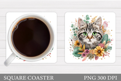 Cute Cat Coaster Design. Cat Flowers Coaster Product Image 1