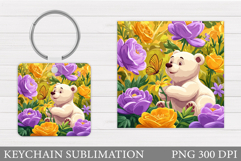Cute Bear Keychain Sublimation. Bear Flowers Keychain Design Product Image 1