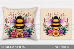 Bee Pillow Sublimation. Bee Flowers Pillow Design Product Image 1