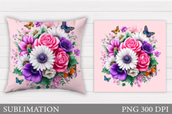 Butterflies Sublimation. Flowers Pillow Design Product Image 1